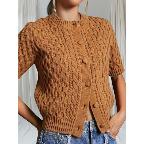 Trending Brown Cableknit Cropped Cardigan Cardi size XL Classic Staple  NWT - Picture 4 of 7